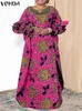 Plus Size 5XL VONDA maxi-jurk dames vakantie bedrukte jurk vintage lange lantaarn mouw gewaad 2023 zomer casual gegolfde zonnejurk 240124