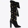 Stiefel Winter Mode Frauen Spitzschuh Gold Metallknopf Niet Chunk Heel Kniehohe Schnürung Schwarz Wildleder Dicke Stiefel