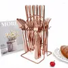 Servis uppsättningar 24st Black Gold Set rostfritt stål Tabellekknivgaffel Luxury Flatware Cotlery With Storage Rack