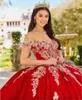 Czerwony 3D Butterfly Sukienki księżniczki Quinceanera Suknia Ball z ramion złota aplikacje gorset Sweet 15 vestidos de xv anos