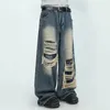 Jeans masculinos homens hip hop cintura alta perna larga solta rasgado buraco denim calças gótico vintage bolsos comprimento total calças masculinas