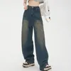 2023 Coréen Y2K Mode Côté Rayé Vintage Bleu Baggy Jeans Pantalon Pour Femmes Jambe Large Droite En Détresse Pantalon Élégant Dame 240118