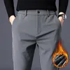 Autumn Winter Pants Men Thicken Fleece Lined Warm Elastic Waist Outdoor Sweatpants Fashion Slim Grey Suit Trousers Male 240122