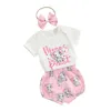 Kleidung Sets Baby Mädchen Sommer Kleidung Brief Drucken Kurzarm Strampler Mit Kuh Elefanten Muster Shorts Und Stirnband Outfits