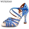 Sier Blue 951 Wuxijiao Rhinestone Latin Dance Women Salas Ballroom Pearl High Heel 9cm Waltz Software Shoes 240125 92952 50031