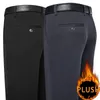 Outono inverno masculino calças elásticas de pelúcia inteligente casual terno calças soltas em linha reta azul marinho preto vestido calças grossas calças quentes 240122