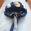 Wedding Flowers Luxury Satin Rose Bouquet Brides Navy Blue With Gold Crystal Diamond Artificial Bridal