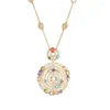 Link Bracelets Gold-Plated Large Pendant Necklace With Multi-Colored Gems Long Sweater Chain - Women's Fashion