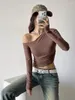 Women's T Shirts Diagonal Collar Off Shoulder Long Sleeved T-shirt For Spicy Girl Slim Fit Pleated Solid Color Short Top V903