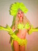 Scen Wear Fluorescerande grön fjäderhuvudbonad Bikini Set Sexig Women Singer DJ Dancer Team Nightclub Bar Performance Costume