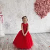 Girl Dresses Flower Birthday Red Gowns Party Tiered Puffy Tulle Infant Communion Children Pageant Christmas