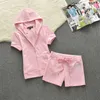 Summer 2 pezzi Short Sets Women Outfit Comfort Simple Tracking Batton Hoodies Pant Pink Sports Awear