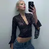 Kvinnors T-skjortor Kvinnor Crop Tops Långärmad Deep Vneck Lace Se genom Solid Casual T-shirt Sommar Sexig Spicy Girl Party Top Fashion