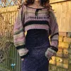 Женские свитера, винтажный вязаный пуловер в стиле гранж, укороченные топы с длинными рукавами и круглым вырезом, свободные уличные халаты контрастного цвета в стиле Харадзюку