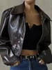 Women Vintage Brown Short Faux Leather Jacket Solid Color Zipper Long Sleeve Motorcycle Jacket PU Leather Biker Coat Outerwear 240119