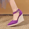 Zapatos de vestir de gamuza cuña tacones altos mujeres comodidades poco profundas puntiagudas elegantes para mujer violeta hilo tejido plataforma bombas femeninas