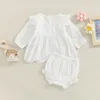 Kläderuppsättningar födda babyflickor avslappnade 2st kläder set sommarlång ärm t-shirt elastiska ruffle shorts vackra i 18-24 månader