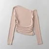 Women's T Shirts Diagonal Collar Off Shoulder Long Sleeved T-shirt For Spicy Girl Slim Fit Pleated Solid Color Short Top V903