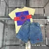 Brand kids tracksuits high quality Summer T-shirt set Size 100-160 baby Short sleeve and Embroidered logo denim shorts Jan20