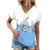 Blusas de mujer Top de verano Estampado de flores Colorblock Camiseta con cuello en V para mujer Suave transpirable con decoración de botones Manga corta Cómodo