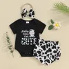 Kleidung Sets Baby Mädchen Sommer Kleidung Brief Drucken Kurzarm Strampler Mit Kuh Elefanten Muster Shorts Und Stirnband Outfits