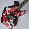 Heavy Relic Edward Van Halen Franken Stein E-Gitarre, weiß, schwarz gestreift, rot, Floyd Rose Tremolo-Steg-Sicherungsmutter, spezieller Gurtknopf