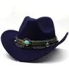 Wool Women's Men's Western Cowboy Hat For Gentleman Lady Jazz Cowgirl With Leather Cloche Church Sombrero Caps 240124