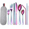 Dinnerware Sets Portable Cutlery Set Stainless Steel Tableware Case Fork Spoon Knife Travel Dinner Bag 9 Pc 1018 Drop Delivery Dhht8