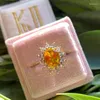 Anéis de cluster clássico topázio princesa em forma de flores cheias de diamantes anel de casal para mulheres amarelo prata-banhado presente de noivado jóias
