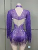 Stage Wear Purple Tassels Rhinestones Pearls Stretch Bodysuit Birthday Celebrate Outfit Evening Dance Team Performance Costume