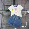 Brand kids tracksuits high quality Summer T-shirt set Size 100-160 baby Short sleeve and Embroidered logo denim shorts Jan20