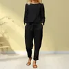 Polyester Women Blus Long Pants With Pocket Sleeve Lounge Trousers Set Solid Colic Elastic Midje semesterdräkt 240124