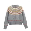 Suéteres femininos cardigan casaco cinza camisola de malha outono e inverno grosso quente wear gola ombro padrão bordado geométrico