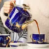 Luxurious golden-rimmed Blue color Carousel coffee set Bone china cups and saucers Porcelain tea set 15 pcs Ceramic Tableware set 323K