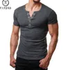 Henley t masculino verão topo moda verão com decote em v manga curta camiseta homme casual fino ajuste botão de metal design dos homens camisetas