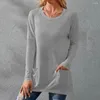 Blusas femininas cor sólida solto ajuste túnica macio respirável manga longa camiseta com bolso casual comprimento médio topo para primavera outono