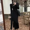 Casual Kleider Frauen Falten Mitte Wade Kleid Koreanische Seite Schlitz Langarm Gestrickte Sexy Hohe Taille Aushöhlen Party Club dünne Vestidos T716