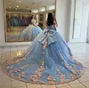 Sky Blue 3D Floral Lace Princess Quinceanera Dresses Off Shoulder Bow Corset Charro Prom Sweet 15 Vestidos De XV Anos