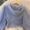 Blouses Femmes Coréen Bleu À Capuchon Chemise À Rayures Pour Femmes Bow Slim Élégant Streetwear Chic Top À Manches Longues Dames Blouse Vêtement