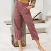 Pantaloni da donna Pantaloni dritti tinta unita a vita alta in lino di cotone elegante Y2k Streetwear Office Lady Comfort corto