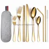 Dinnerware Sets Portable Cutlery Set Stainless Steel Tableware Case Fork Spoon Knife Travel Dinner Bag 9 Pc 1018 Drop Delivery Dhht8