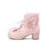 Robe chaussures 2024 automne style lolita rose blanc bottes pompes dentelle perles croisées pendentif arc volants bloc talons mariée femmes