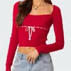 Women's T Shirts Y2k Vintgae T-shirt Long Sleeve Square Neck Contrast Color Tie-up Slim Fit Crop Top Aesthetic Fairy Grunge Pullovers