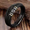 Link pulseiras estilo étnico jóias pulseira de aço inoxidável multi-camada trançada corda de couro titânio fivela magnética