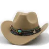 Wool Women's Men's Western Cowboy Hat For Gentleman Lady Jazz Cowgirl With Leather Cloche Church Sombrero Caps 240124