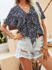 Women's Blouses Finjani Blouse Ditsy Floral Print Tie Front Peplum V Neck Ruffle Hem Tops For Summer 2024