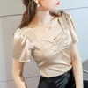 Dames Blouses Grote maten Zomer Vierkante hals Vintage Pofmouwen Acetaat Satijn Overhemd Kaki Wit Elegant Britse stijl Wild Ice Zijden Top