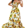캐주얼 드레스 2024 봄 여름 여성 의류 노란색 해바라기 인쇄 슬링 긴 휴가 드레스