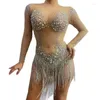 Stage Wear Sparkly Multi-cor Strass Franjas Bodysuit Sexy Transparente Comemore Traje Mangas Compridas Mulheres Pole Dance Outfit DWY3252