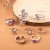 Cluster Rings Purple Rhinestone Heart Dragonfly Snake Set For Women Punk Silver Color Futterfly Star Finger Ring Fashion Party Jewelry